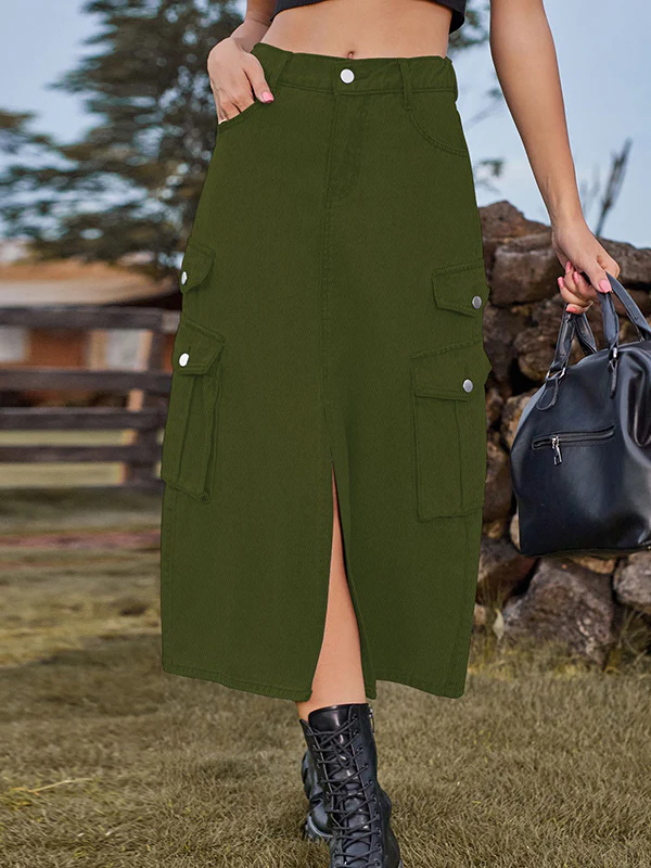 A-Line Loose Pockets Split-Front Split-Joint Denim Skirts - Image 13