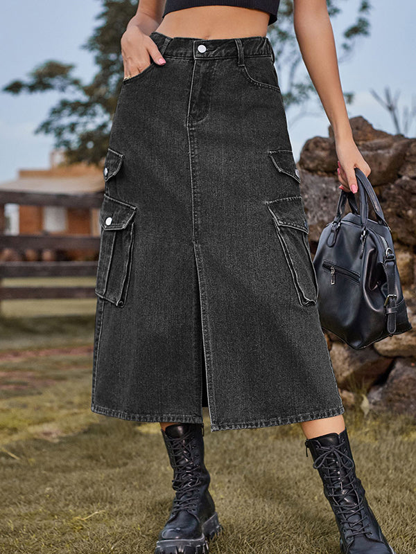 A-Line Loose Pockets Split-Front Split-Joint Denim Skirts - Image 2