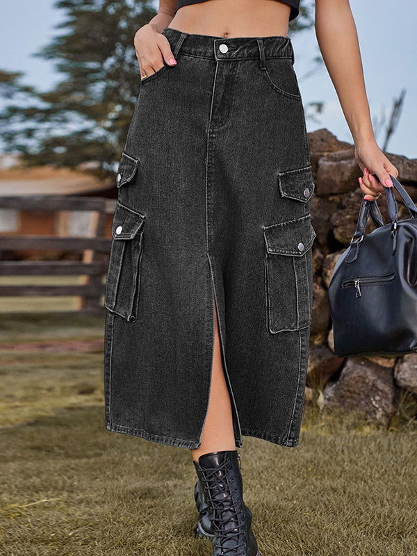 A-Line Loose Pockets Split-Front Split-Joint Denim Skirts - Image 3