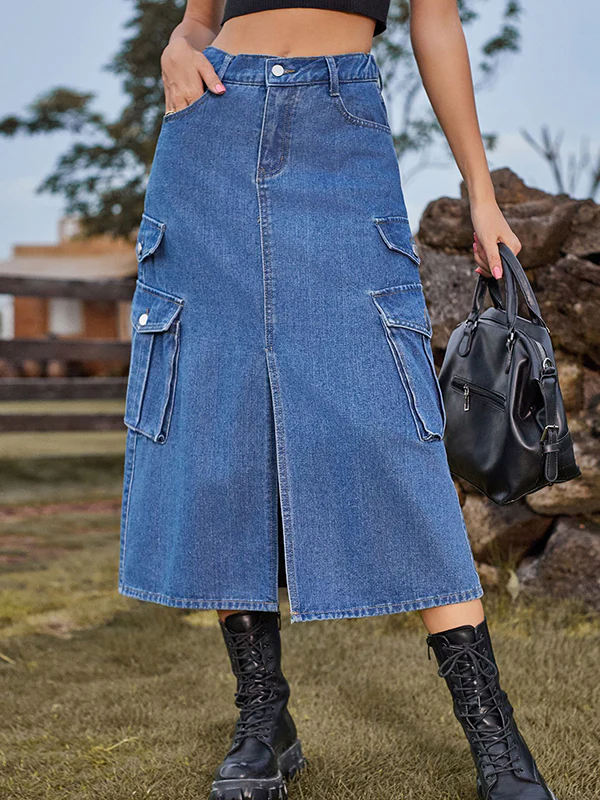 A-Line Loose Pockets Split-Front Split-Joint Denim Skirts - Image 4