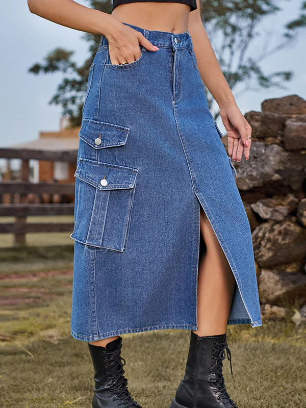 A-Line Loose Pockets Split-Front Split-Joint Denim Skirts - Image 5