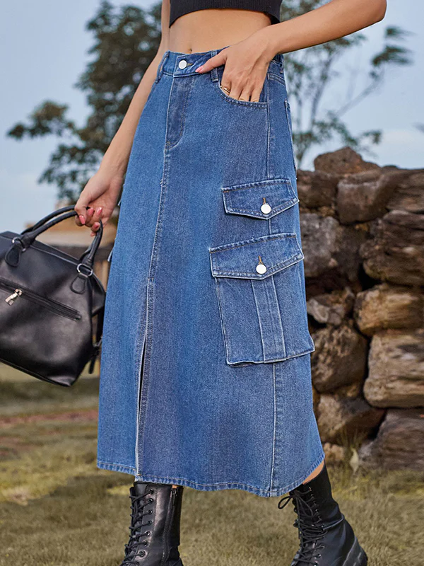 A-Line Loose Pockets Split-Front Split-Joint Denim Skirts - Image 6