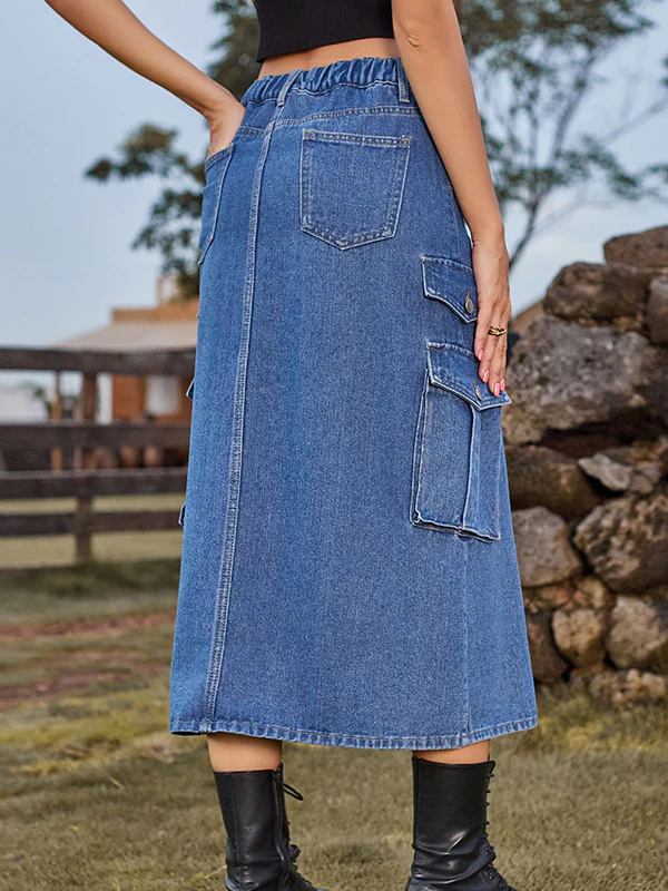 A-Line Loose Pockets Split-Front Split-Joint Denim Skirts - Image 7