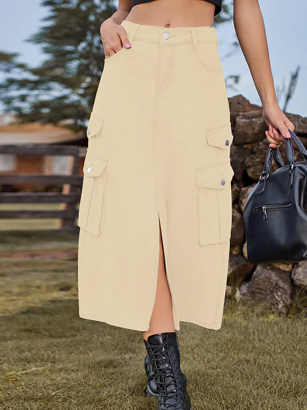 A-Line Loose Pockets Split-Front Split-Joint Denim Skirts - Image 9