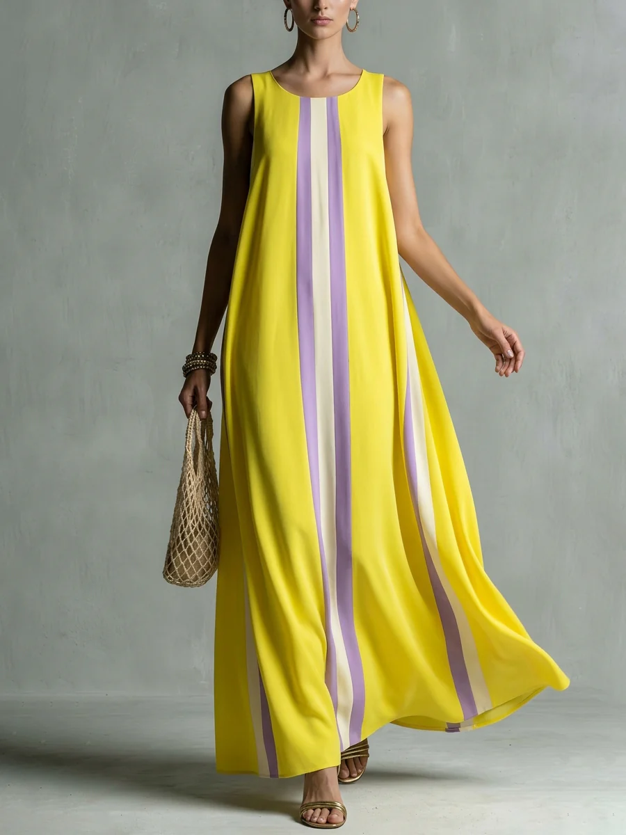 A-Line Loose Pockets Striped Round-Neck Maxi Dresses