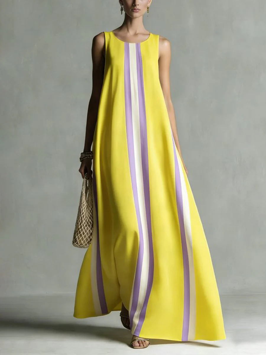 A-Line Loose Pockets Striped Round-Neck Maxi Dresses - Image 2