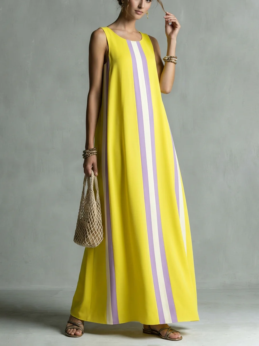 A-Line Loose Pockets Striped Round-Neck Maxi Dresses - Image 3