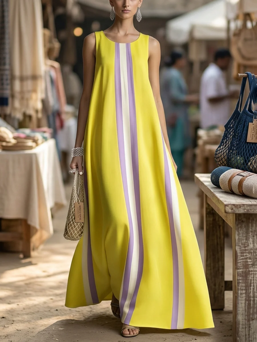 A-Line Loose Pockets Striped Round-Neck Maxi Dresses - Image 4