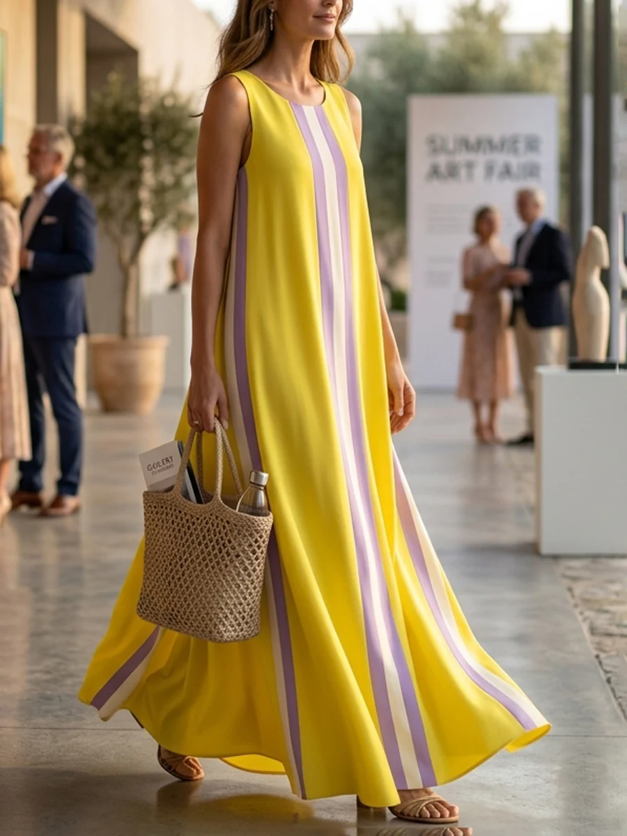 A-Line Loose Pockets Striped Round-Neck Maxi Dresses - Image 6