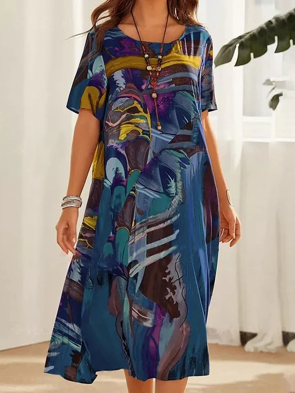 A-Line Loose Printed Round-Neck Midi Dresses - Image 2