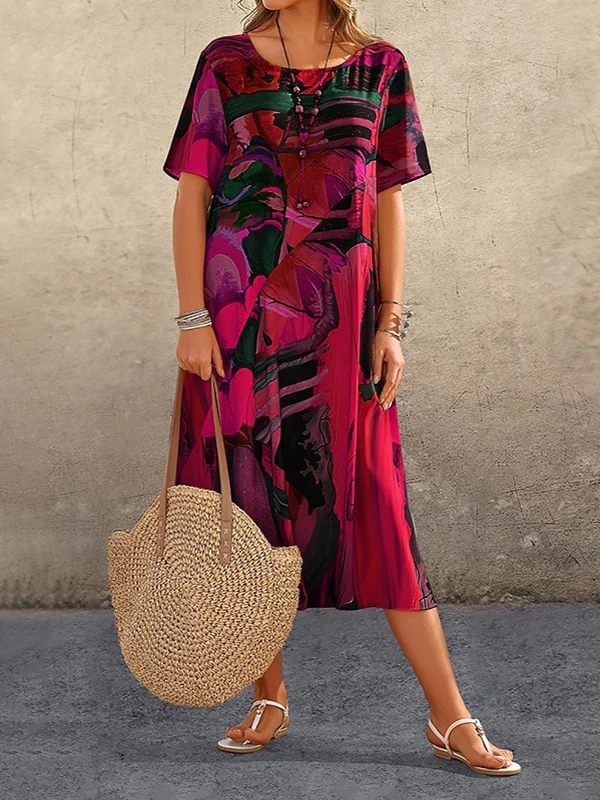 A-Line Loose Printed Round-Neck Midi Dresses - Image 3