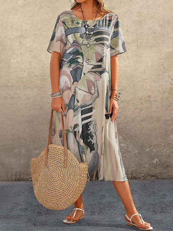 A-Line Loose Printed Round-Neck Midi Dresses - Image 5