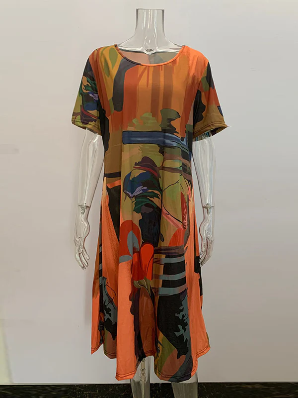 A-Line Loose Printed Round-Neck Midi Dresses - Image 6