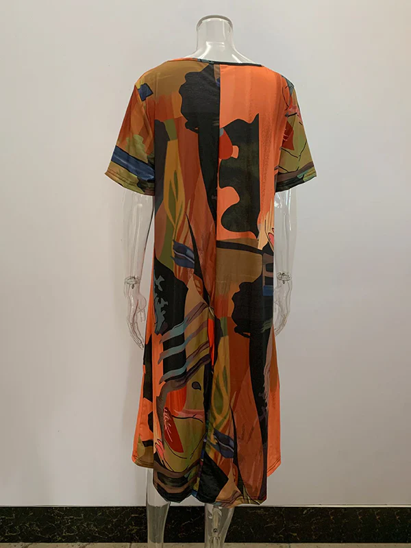 A-Line Loose Printed Round-Neck Midi Dresses - Image 8