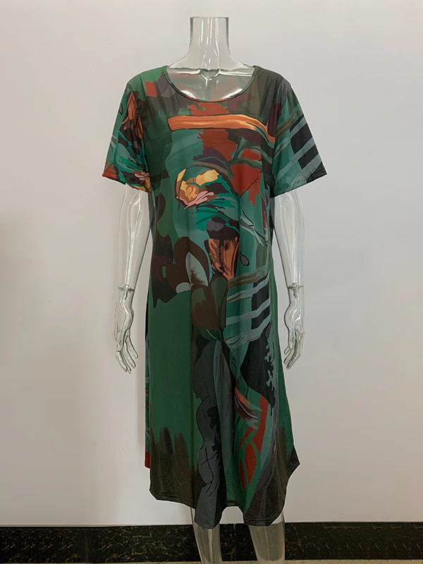A-Line Loose Printed Round-Neck Midi Dresses - Image 9