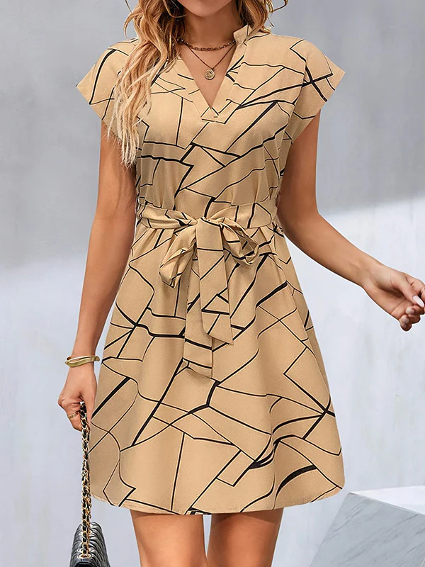 A-Line Loose Printed Tied Waist V-Neck Mini Dresses - Image 2