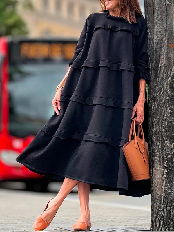 A-Line Loose Ruffled Solid Color Split-Joint Round-Neck Maxi Dresses - Image 2