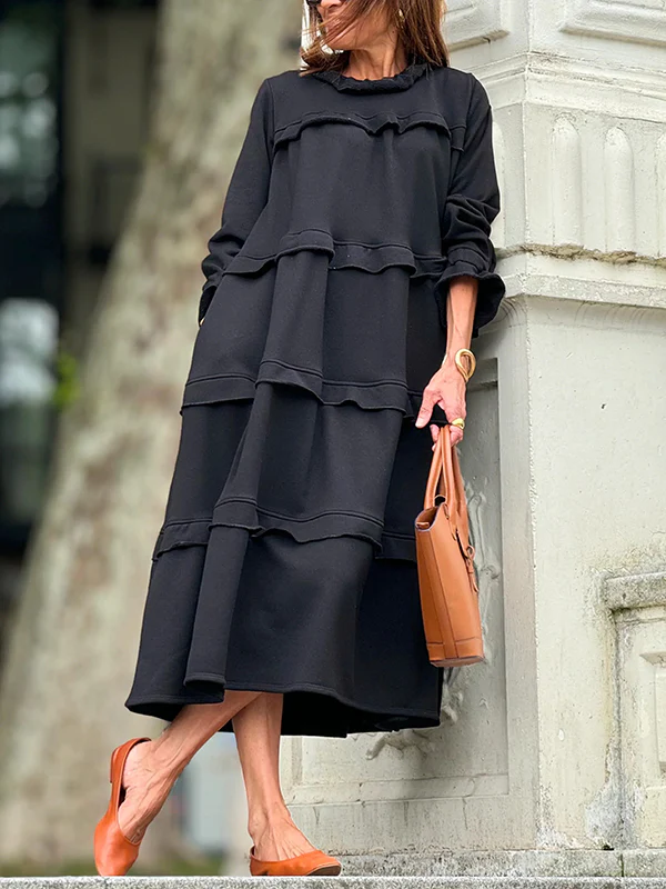 A-Line Loose Ruffled Solid Color Split-Joint Round-Neck Maxi Dresses - Image 3