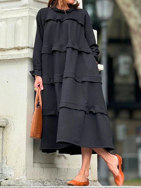 A-Line Loose Ruffled Solid Color Split-Joint Round-Neck Maxi Dresses - Image 4