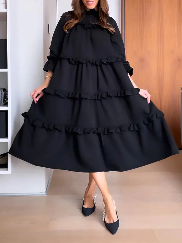 A-Line Loose Ruffled Solid Color Split-Joint Round-Neck Maxi Dresses - Image 5