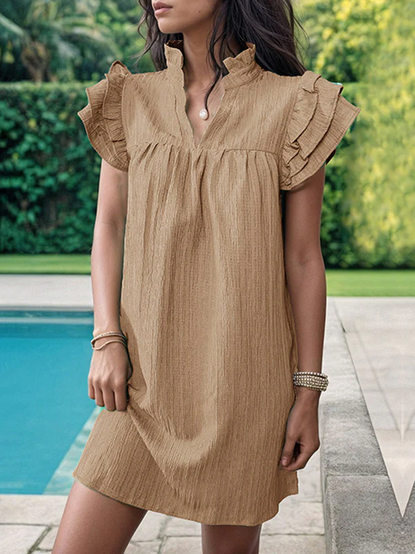 A-Line Loose Ruffled Solid Color Stand Collar Mini Dresses - Image 18