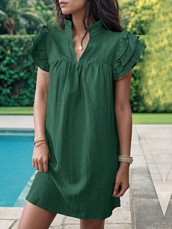 A-Line Loose Ruffled Solid Color Stand Collar Mini Dresses - Image 23