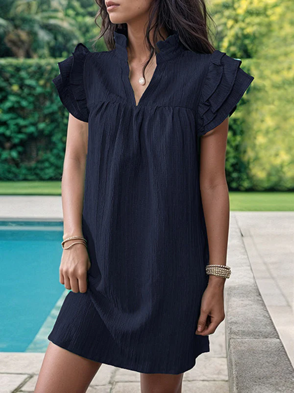 A-Line Loose Ruffled Solid Color Stand Collar Mini Dresses - Image 6