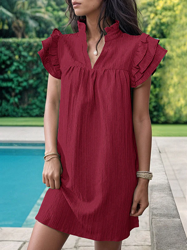 A-Line Loose Ruffled Solid Color Stand Collar Mini Dresses - Image 9