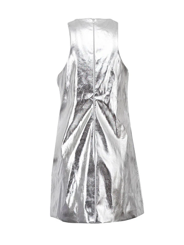 A-line Loose Shiny Solid Color Zipper Round-neck Mini Dresses - Image 10