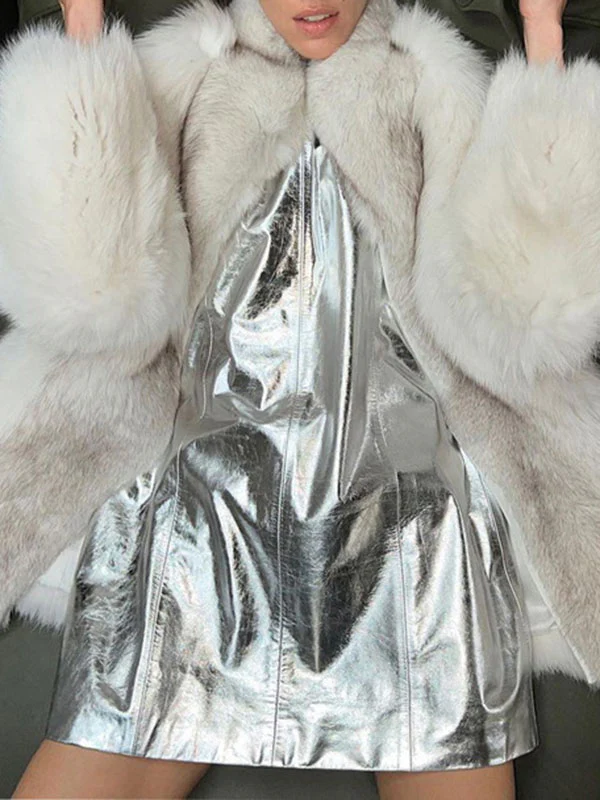 A-line Loose Shiny Solid Color Zipper Round-neck Mini Dresses - Image 4
