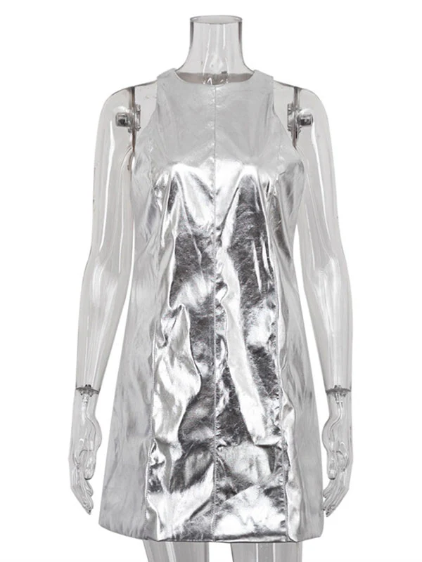 A-line Loose Shiny Solid Color Zipper Round-neck Mini Dresses - Image 8
