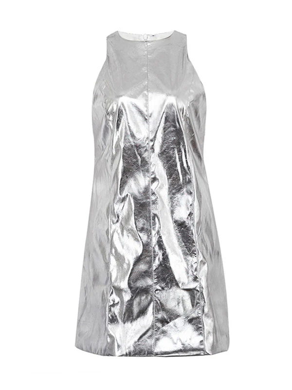 A-line Loose Shiny Solid Color Zipper Round-neck Mini Dresses - Image 9