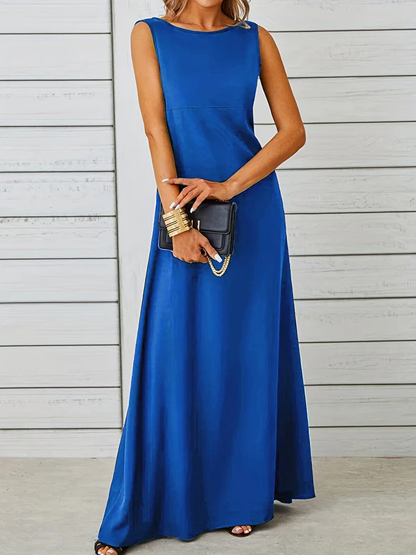 A-Line Loose Solid Color Round-Neck Maxi Dresses - Image 2