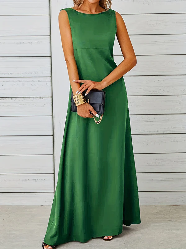 A-Line Loose Solid Color Round-Neck Maxi Dresses - Image 3