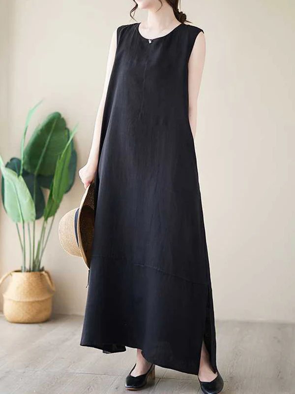 A-Line Loose Solid Color Round-Neck Midi Dresses - Image 11
