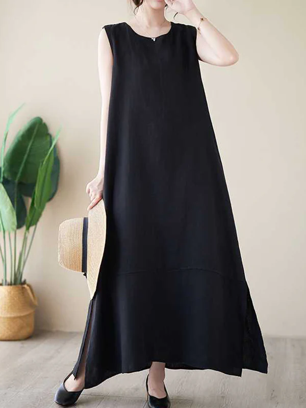 A-Line Loose Solid Color Round-Neck Midi Dresses - Image 12
