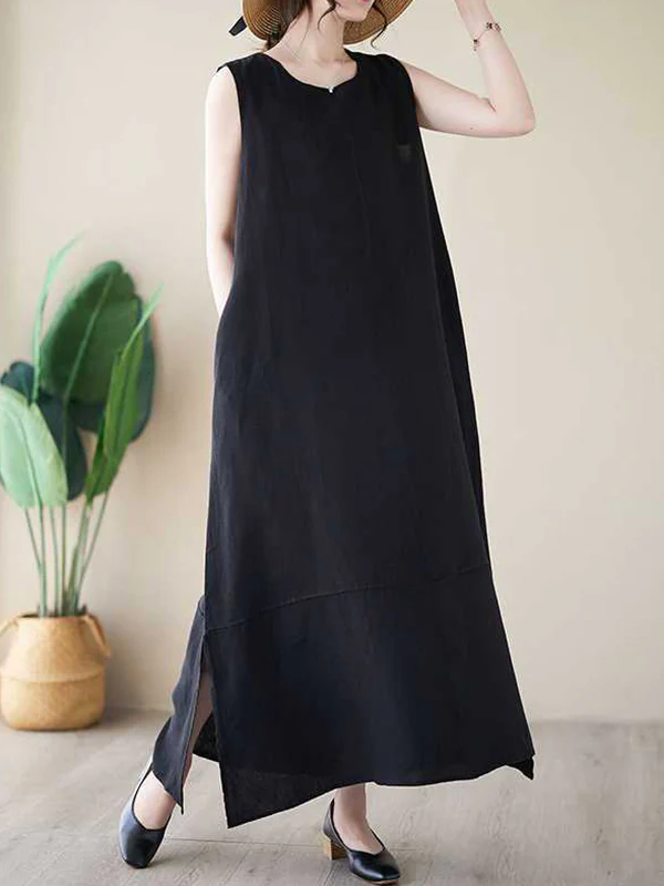 A-Line Loose Solid Color Round-Neck Midi Dresses - Image 13