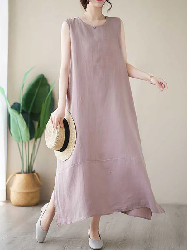 A-Line Loose Solid Color Round-Neck Midi Dresses - Image 2