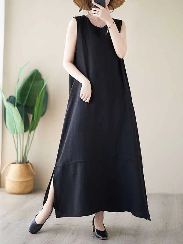 A-Line Loose Solid Color Round-Neck Midi Dresses - Image 3