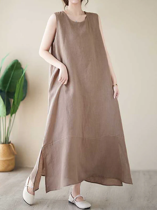 A-Line Loose Solid Color Round-Neck Midi Dresses - Image 4