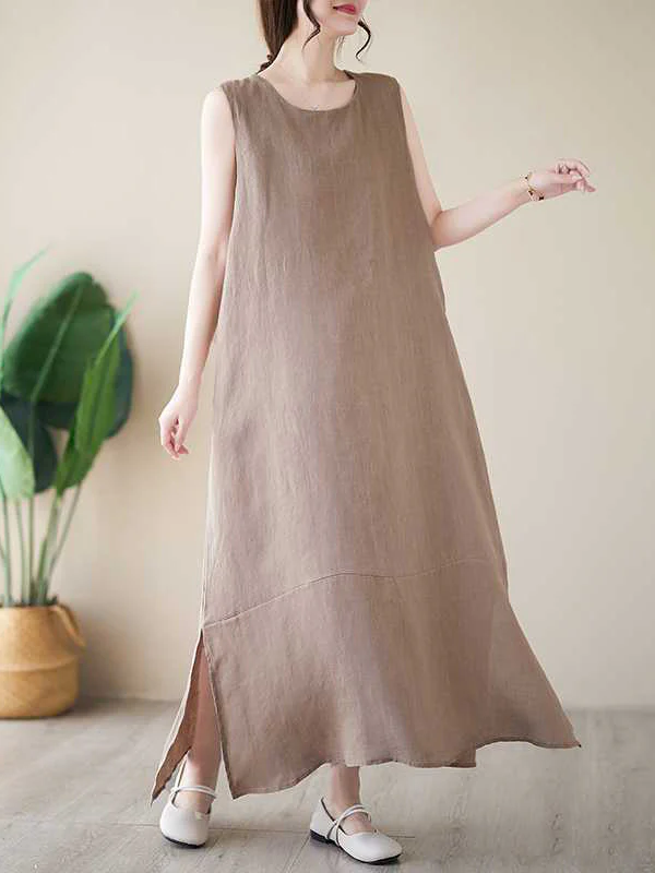 A-Line Loose Solid Color Round-Neck Midi Dresses - Image 5