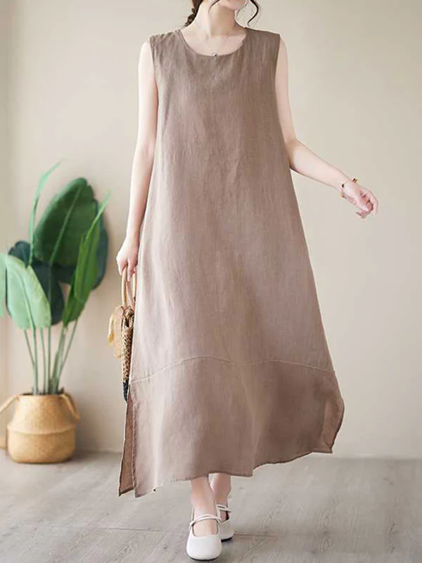 A-Line Loose Solid Color Round-Neck Midi Dresses - Image 6