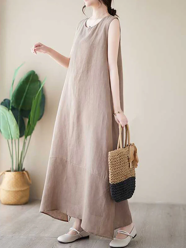 A-Line Loose Solid Color Round-Neck Midi Dresses - Image 7
