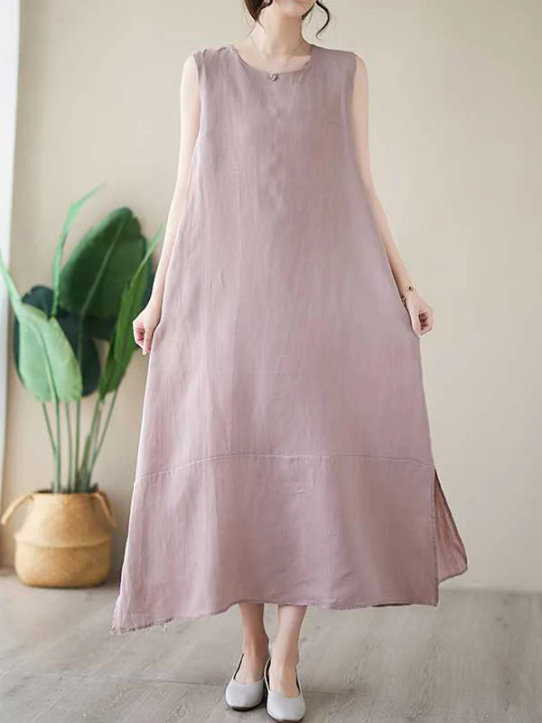 A-Line Loose Solid Color Round-Neck Midi Dresses - Image 8