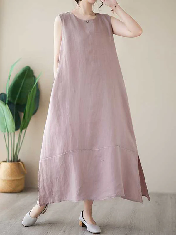 A-Line Loose Solid Color Round-Neck Midi Dresses - Image 9