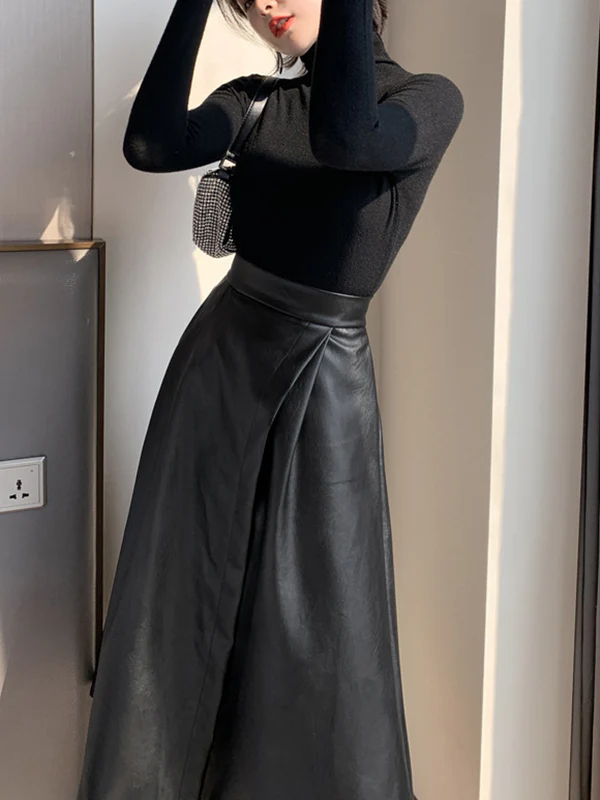 A-Line Loose Solid Color Split-Front Skirts Bottoms - Image 4
