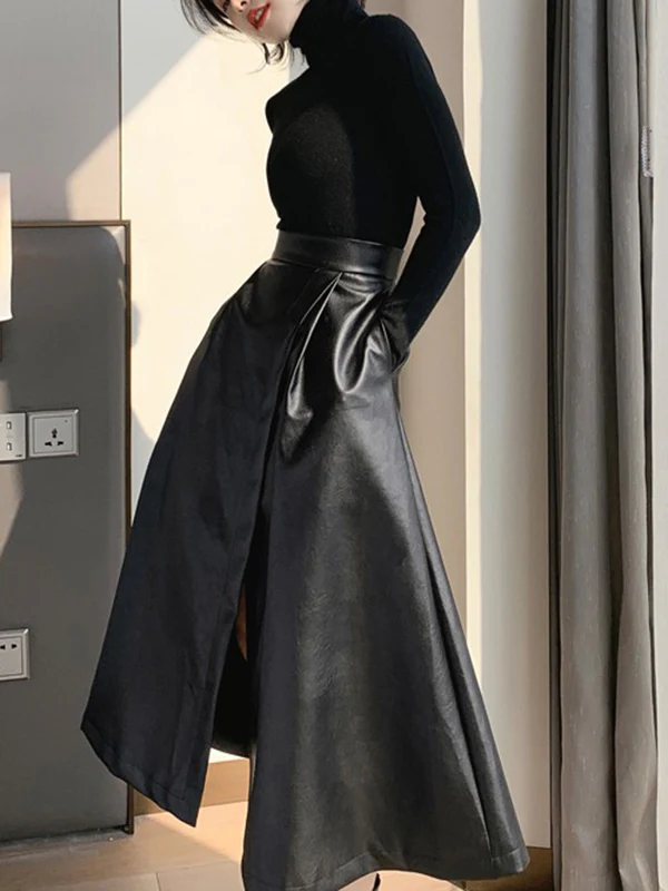 A-Line Loose Solid Color Split-Front Skirts Bottoms - Image 6