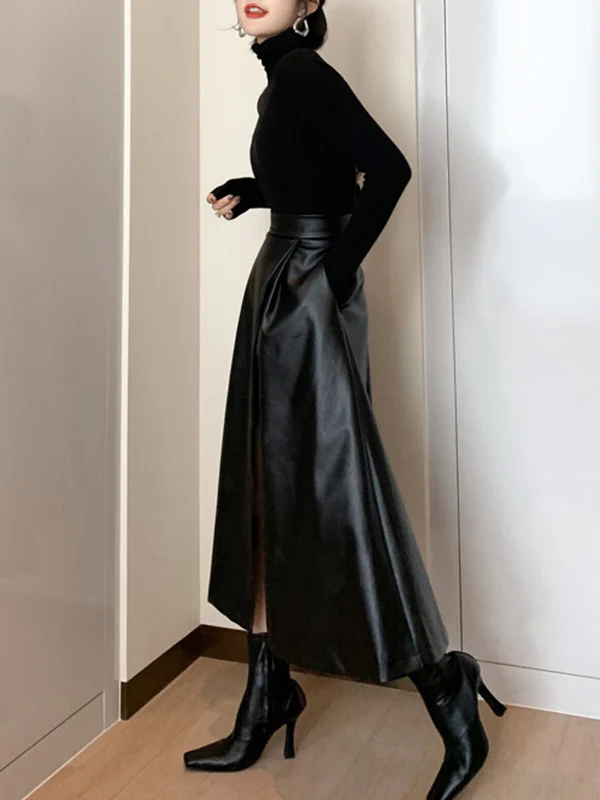 A-Line Loose Solid Color Split-Front Skirts Bottoms - Image 7