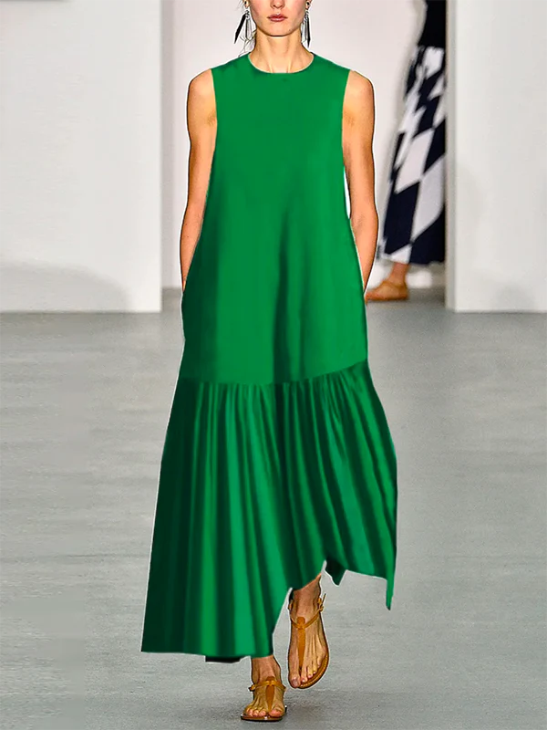 A-line Loose Solid Color Split-Joint Round-neck Maxi Dresses