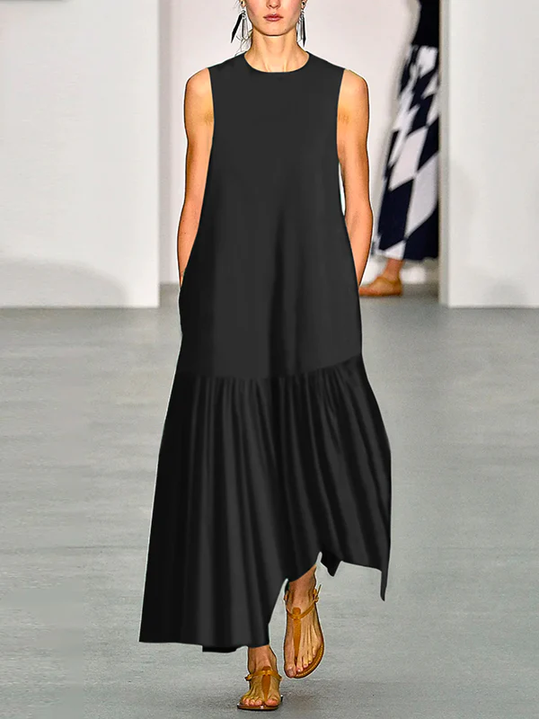 A-line Loose Solid Color Split-Joint Round-neck Maxi Dresses - Image 2